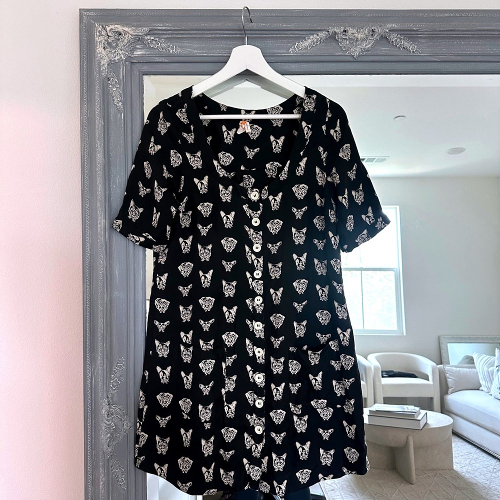 Anthropologie Maeve Silk Cavorting Canines Dress Tunic Black XS‎